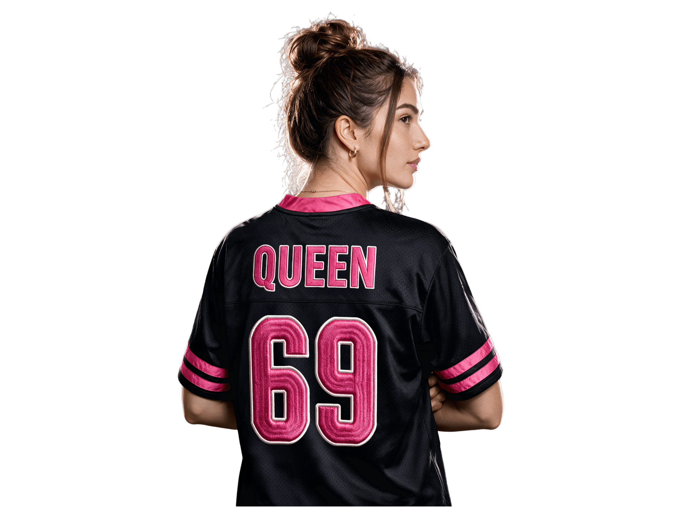 Meredith seen from behind in a black Fantasy Queens jersey, QUEEN nameplate and number 69 across her back